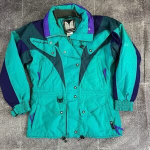 Women's Vintage 90's Couloir Green Purple Color Block Puffer Ski Jacket Sz 10